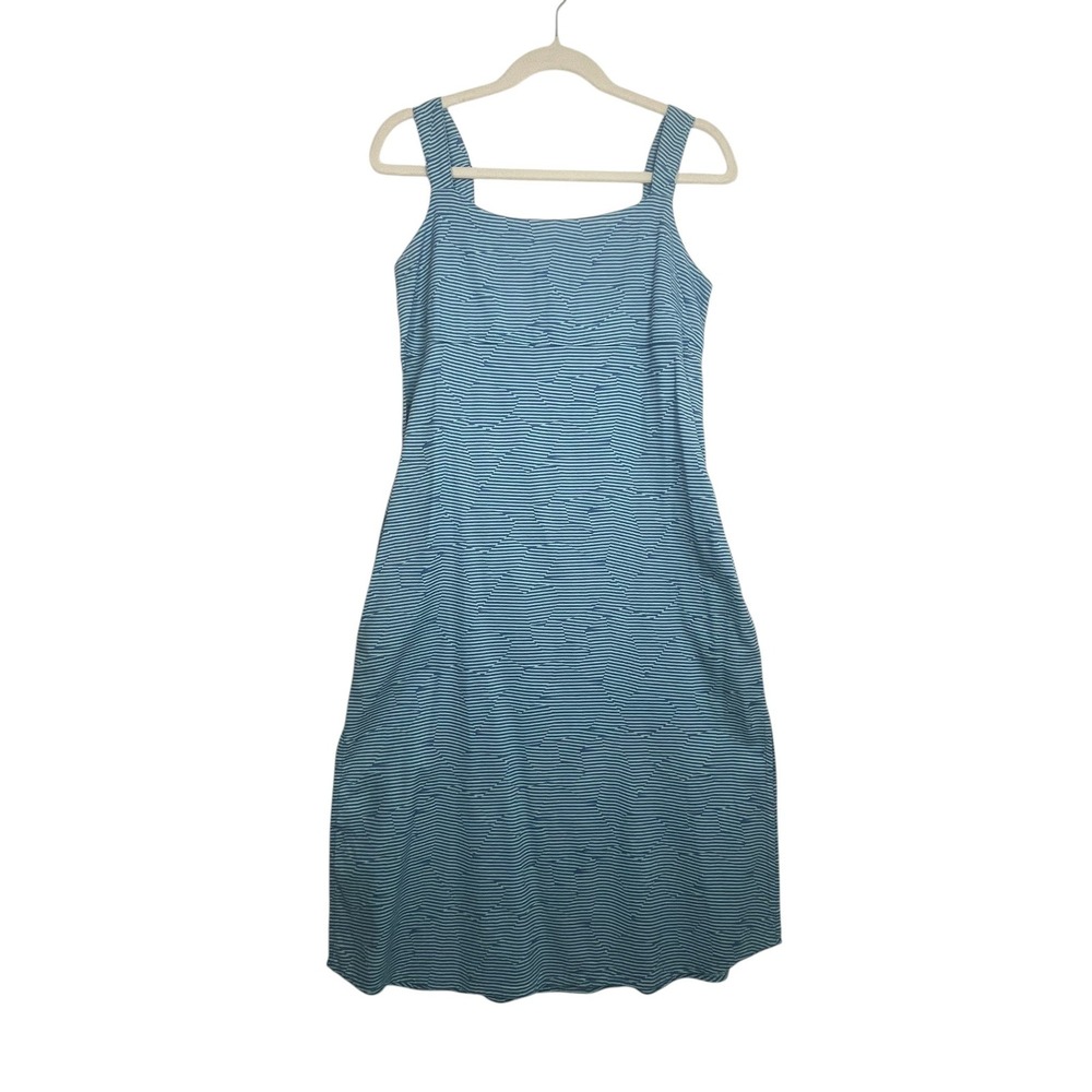 Sherpa Adventure Gear Blue Striped Organic Cotton Hemp Midi Dress Small